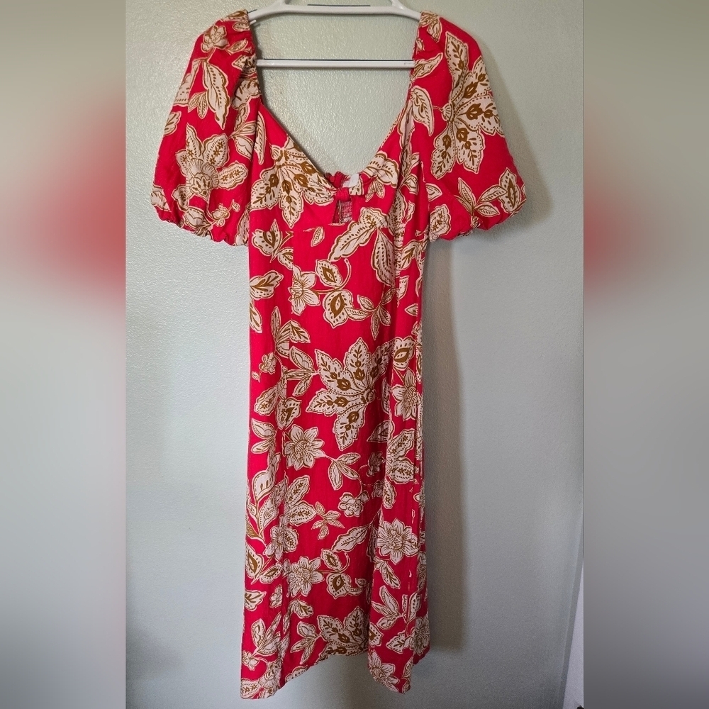 Every | Bright Pink With Brown Floral Print Linen Blend Maxi Dress Size Large